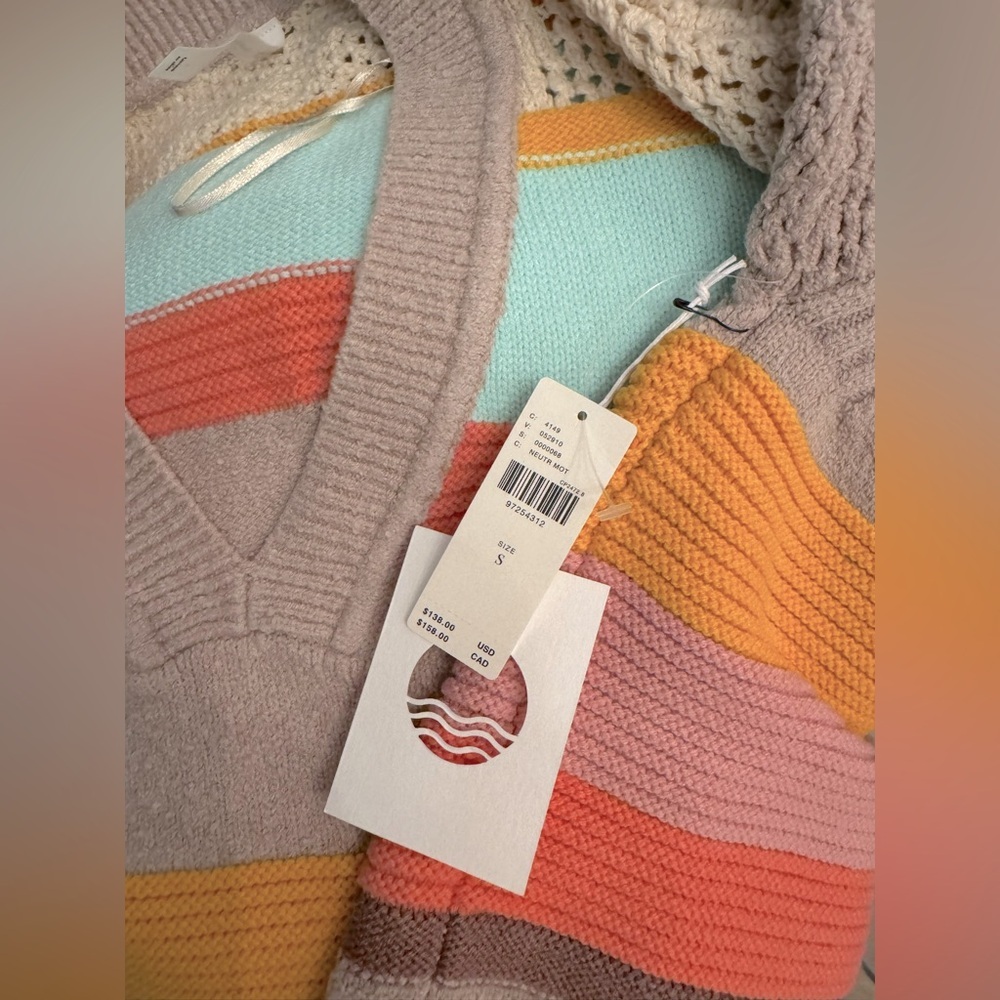 Anthropologie Taupe V-Neck Stripe Sweater with Mint & Orange Accents - Picture 16 of 16